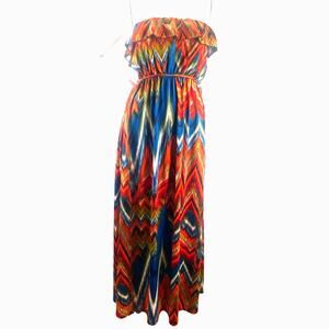 Halo Strapless Chevron Maxi Multi Fall Color Ruffle Top Elastic Belted Waist XL